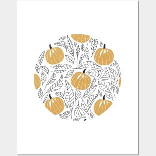 Abstract floral pattern with pumpkins and contour leaves. Autumn Fall Season. Posters and Art